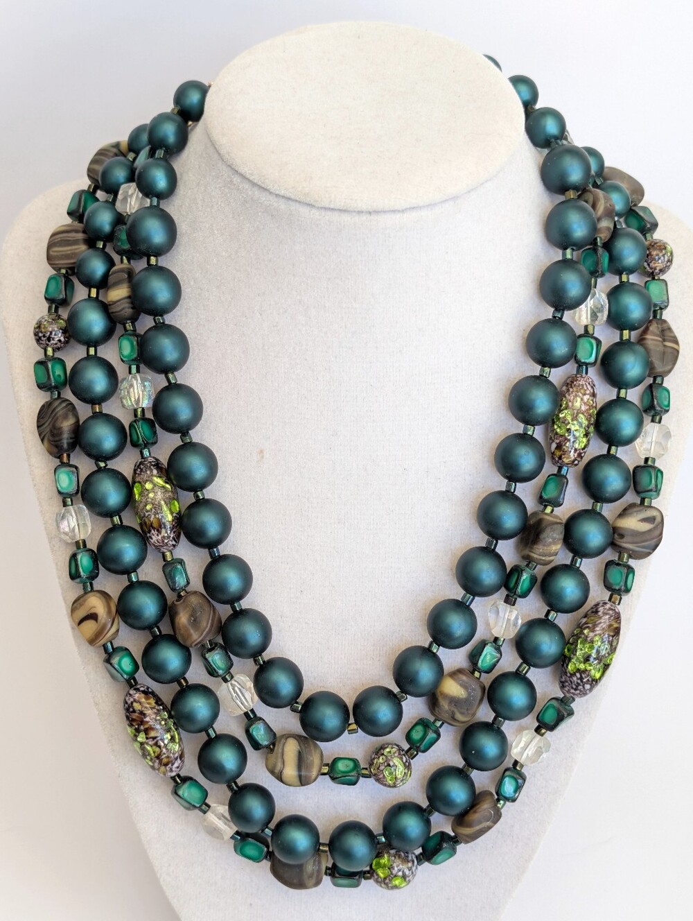Mid Century Vintage Multi-Strand Glass Bead Necklace Made in Japan- Green Brown